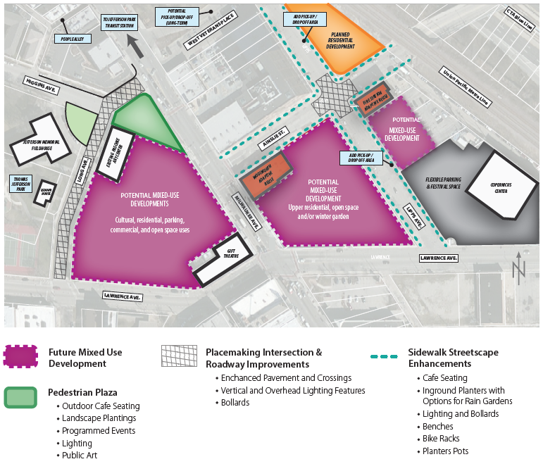 An illustrative concept plan showed ideas for future potential development, a public plaza, placemaking improvements, and streetscape enhancements.