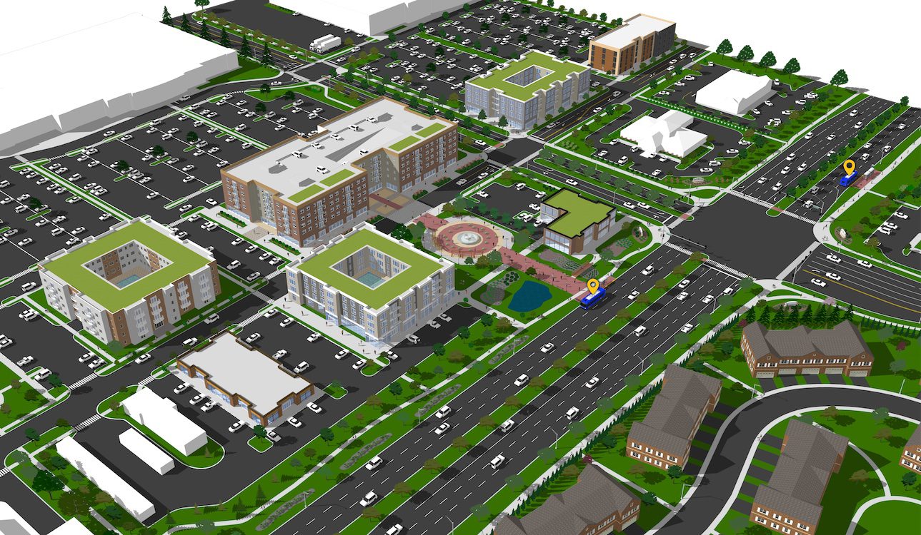 Transit-friendly enhancements to a prototypical bus corridor: new residential with increased densities and commercial development on underutilized parking lots, pedestrian connections from the bus stops and sidewalks to building entrances, a new public gathering space, and narrower roadways and enhanced crosswalks to make pedestrian crossings safer 