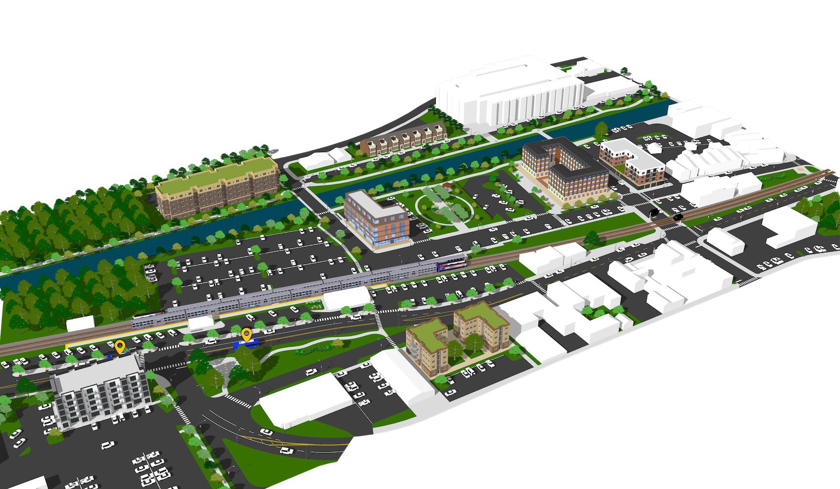 Concept depicts new transit-friendly enhancements in a prototypical suburban downtown with a rail station: new mixed-use and residential development on underutilized parking and vacant lots, multi-family housing redevelopment near the train station, enhanced pedestrian connections to/from transit, and a new public gathering space 