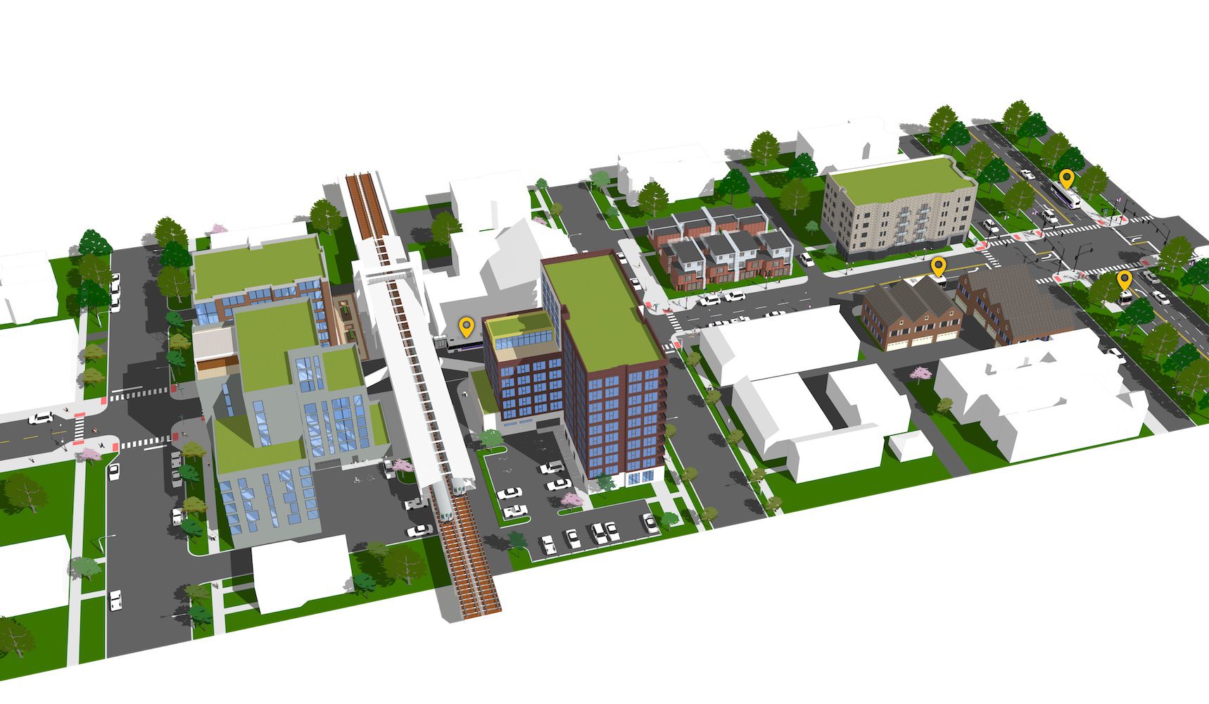 For this urban train station and bus route concept, transit-friendly enhancements include: infill residential and commercial development on vacant lots, a bikeshare station, and enhanced crosswalks to make pedestrian crossings safer